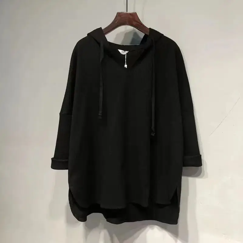 Loose Hooded Long Sleeve Solid T Shirts Spring Autumn New Asymmetrical Slit Hem Street Casual Tops Fashion Vintage Women Clothes