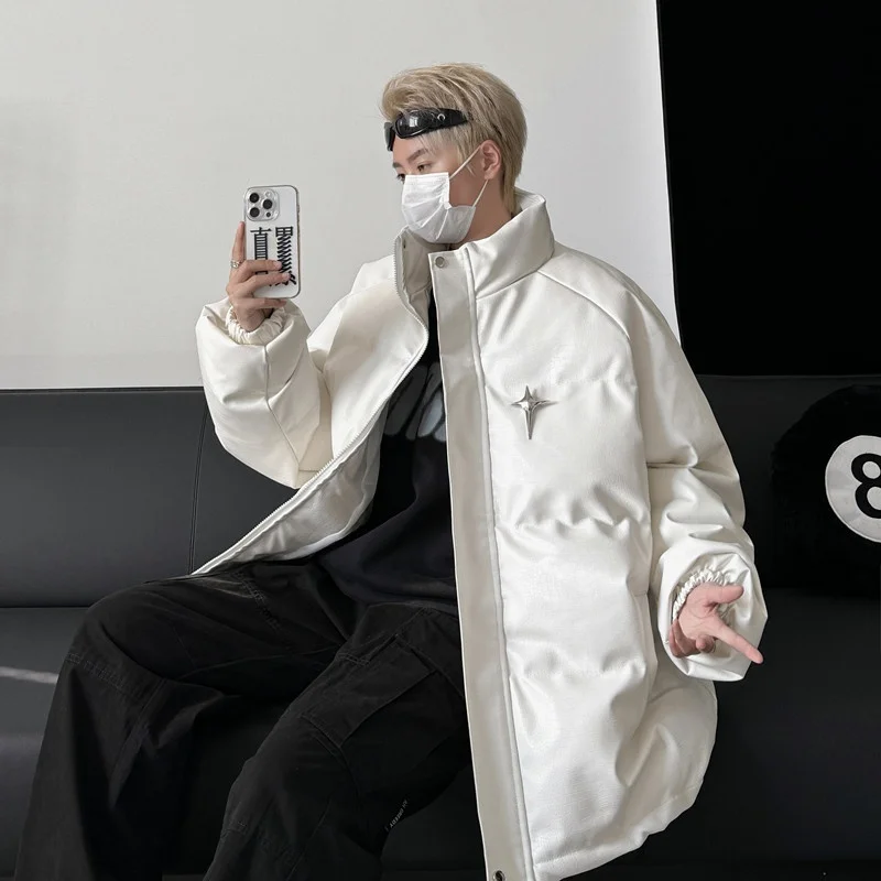 

Men's PU Leather Thiened Warm Cotton Jaet Bread Sle Winter Coat Trendy American High Street Faion Outerwear