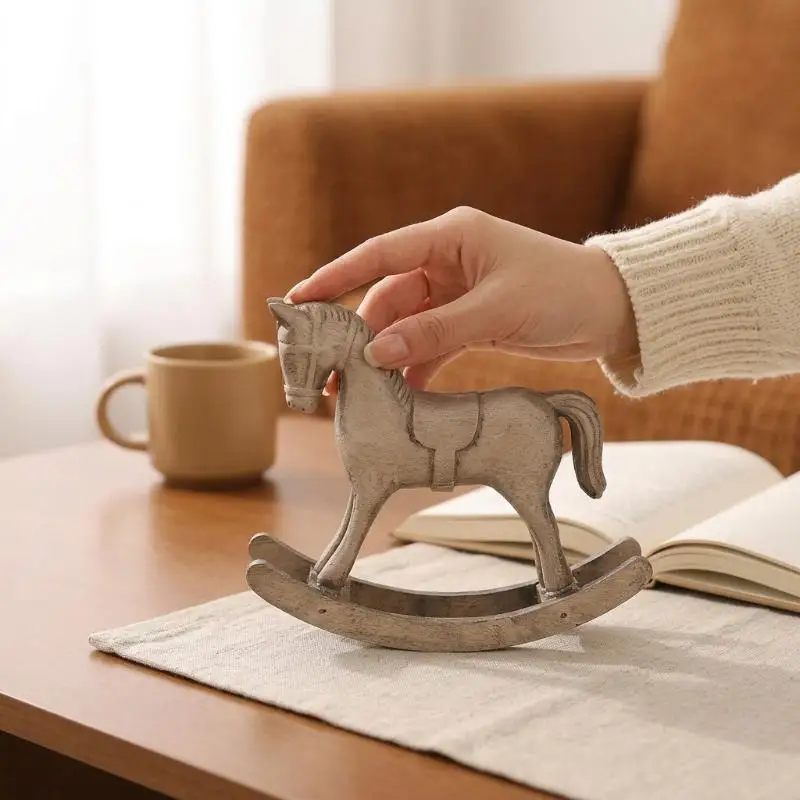 Nordic Retro Hand Carved Wooden Rocking Horse Ornament Minimalist Balance Decor for Entryway Shelf Housewarming Gift