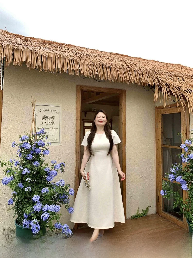 

Белое летнее платье А-силуэта с завышенной талией, корейская версия, для полных женщин, с коротким рукавом и круглым вырезом, новинка