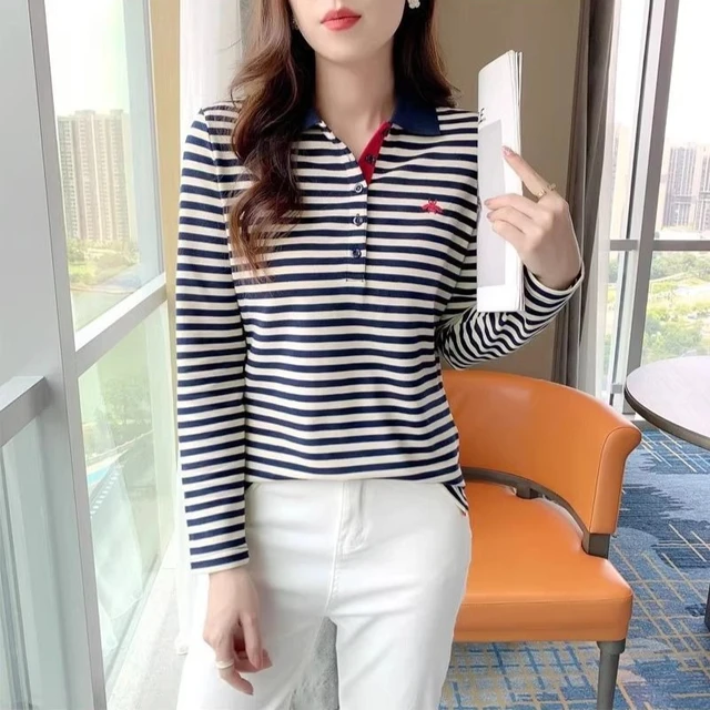 Korean Slimming Polo T-Shirt Women 95% Cotton Loose Fit Long Sleeve Streetwear for Autumn Winter Casual Outfits​
