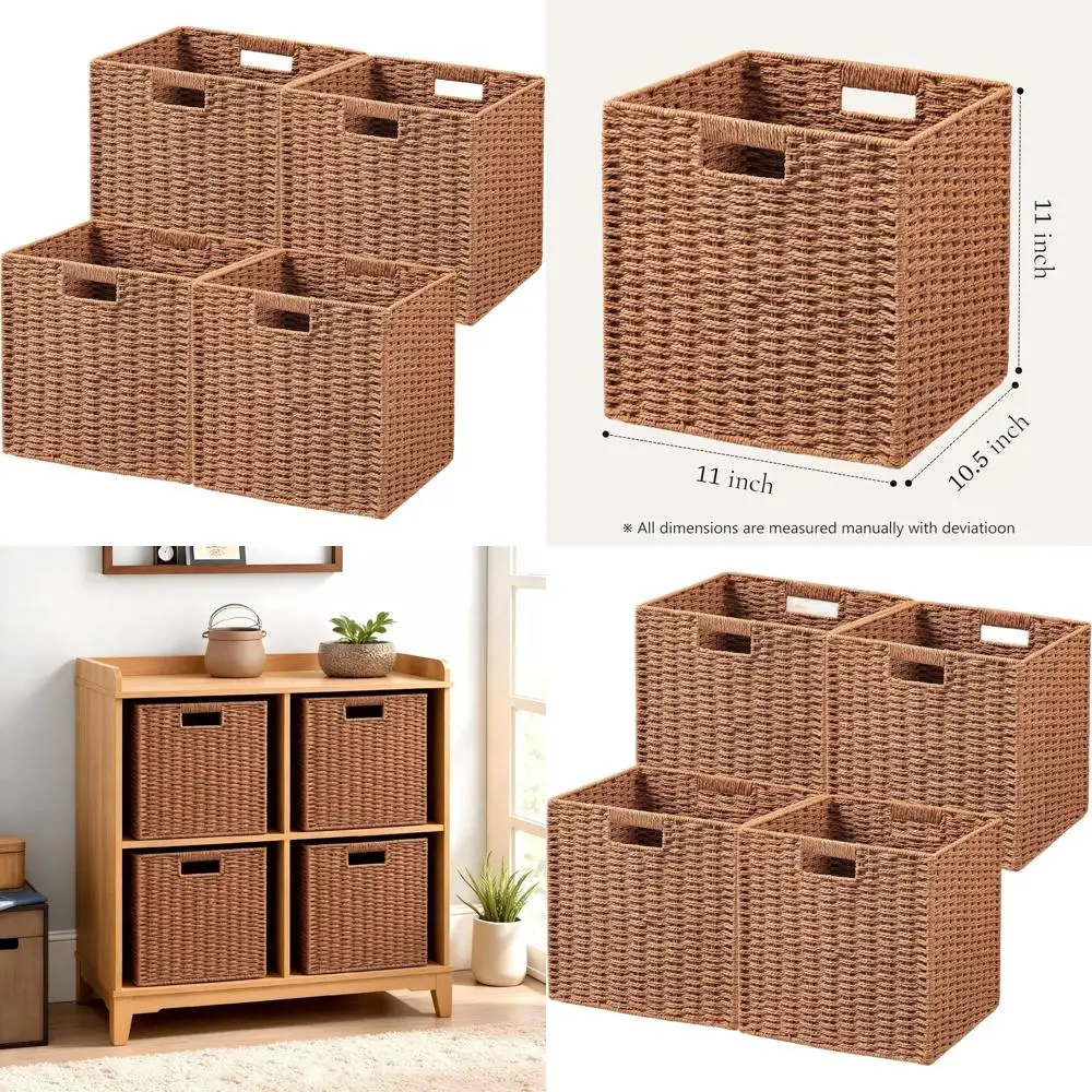 

Set of 4 Foldable Wicker Storage Baskets, 11x11x10.5 Inches, Paper Rope Cube Bins with Handles for Shelves and Organization, Car