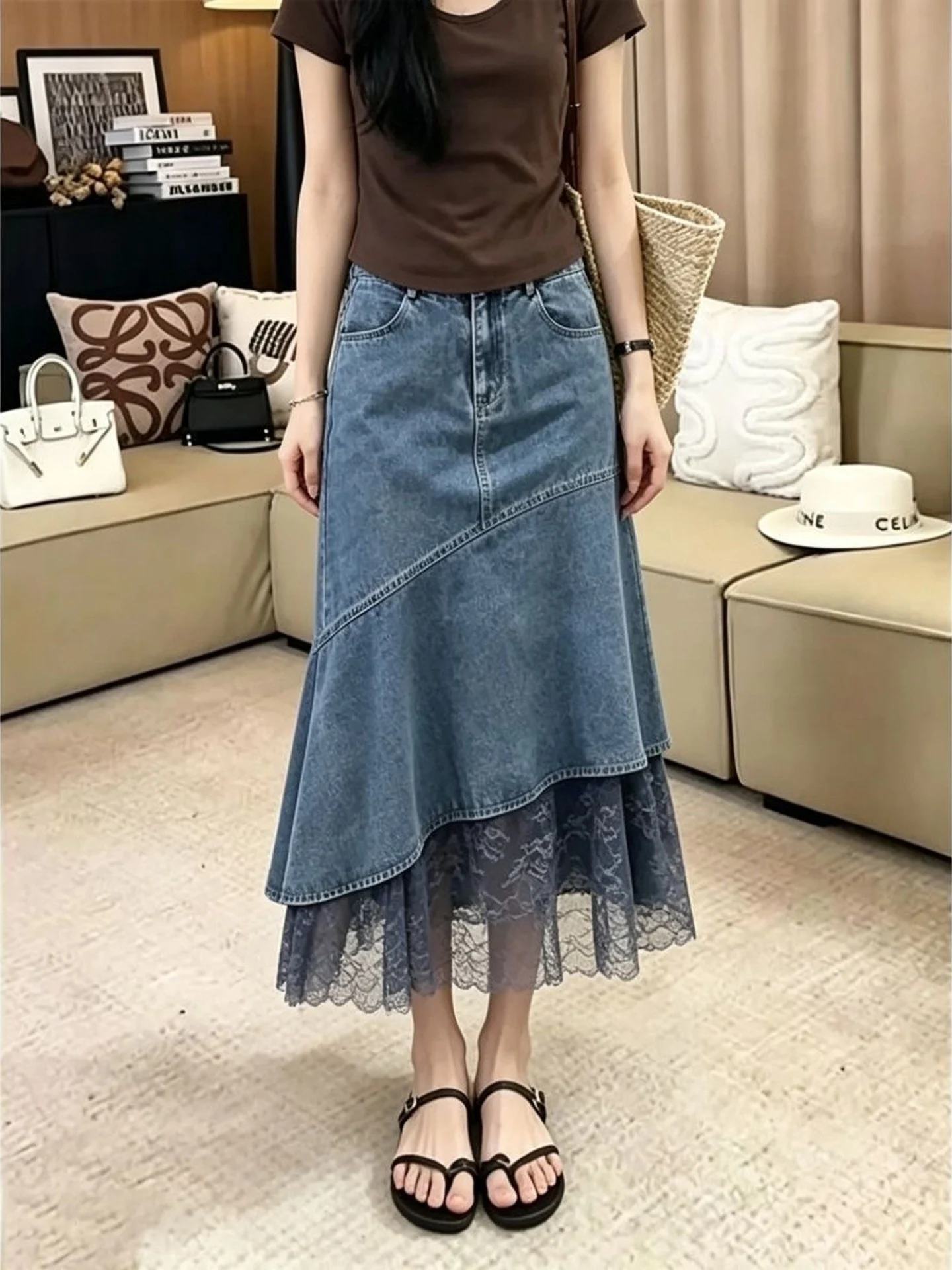 Lace Splicing Denim  Skirt Women's Autumn New Irregular Commute Fashion Match Design Long Skirt European Style Casual
