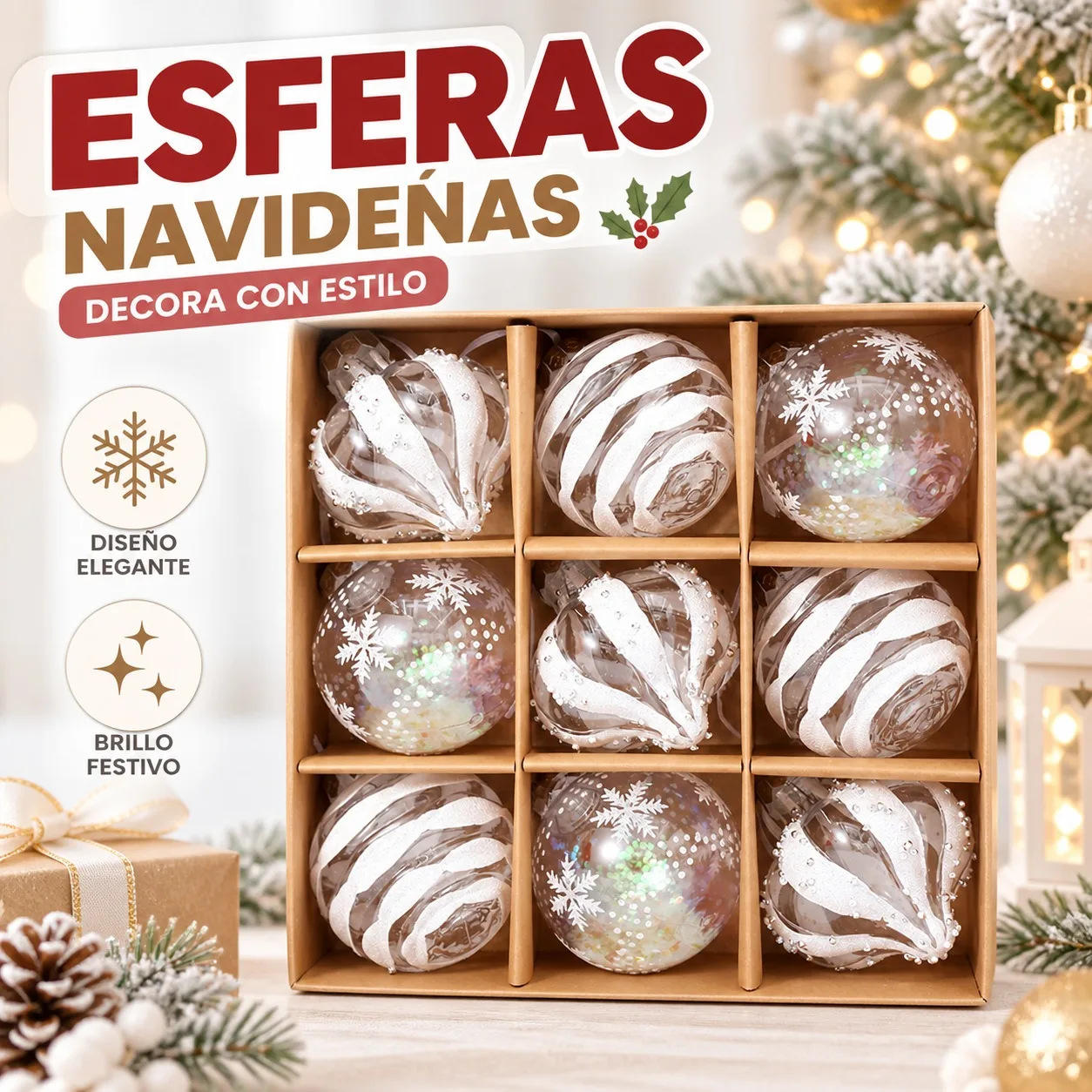Set di 9 palline natalizie da 8 cm per decorare l’albero, ornamenti da appendere con texture lucide e raffinati motivi a forma di fiocco di neve, palline natalizie trasparenti e colorate.