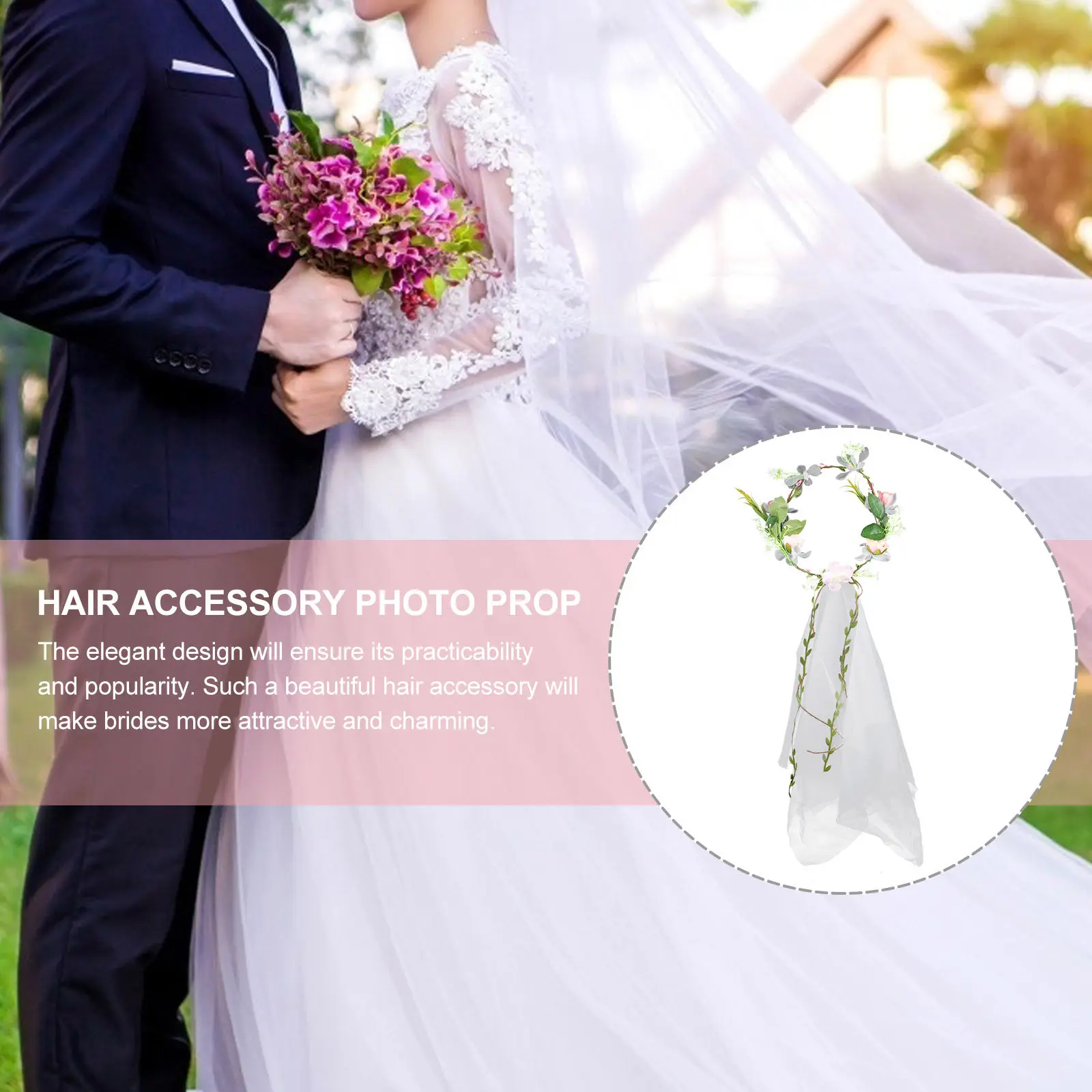 

1Pcs Realistic Flower Bridal Veil Elegant Floral Headband Hair Accessory Wedding Party Photo Prop Gauze Garland Wreath