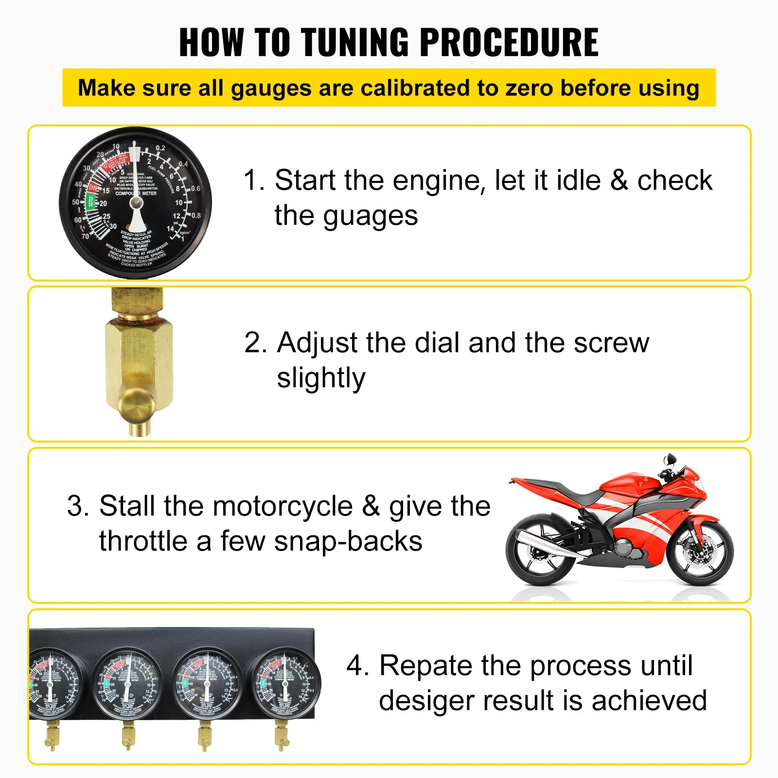 Vevor Fuel Vacuum Carburetor Synchronizer Carb Tools sync 4 Gauge Set with Rubber Hose Vacuum Balancer Meter Kit For Motorcycle