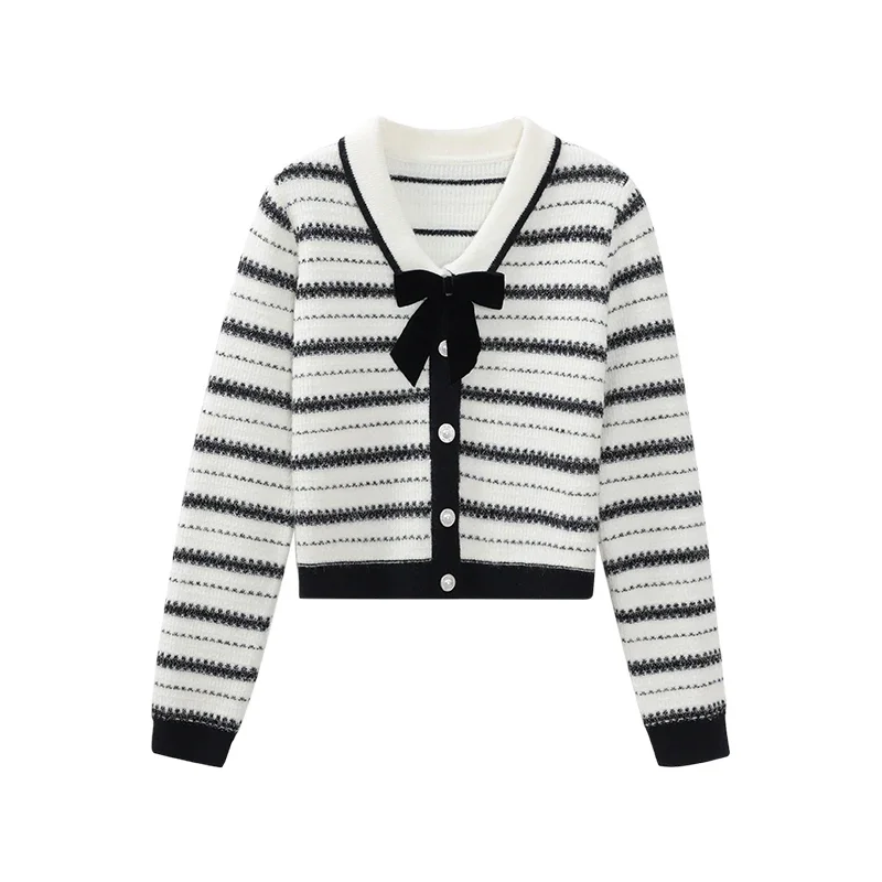 ALXNAN حجم كبير سترة مخططة القوس الخامس الرقبة واحدة الصدر المرأة محبوك سترة 2025 خريف شتاء فضفاضة تناسب القمم D57521 #6