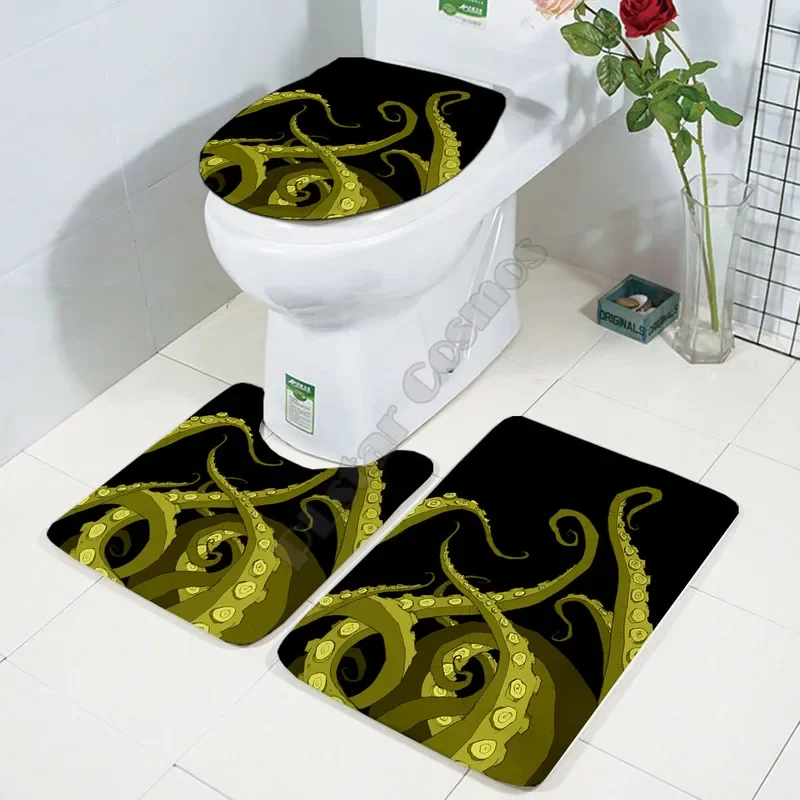 Octopus Three-piece set 3D printed Bathroom Pedestal Rug Lid Toilet Cover Bath Mat Set drop shipping 3