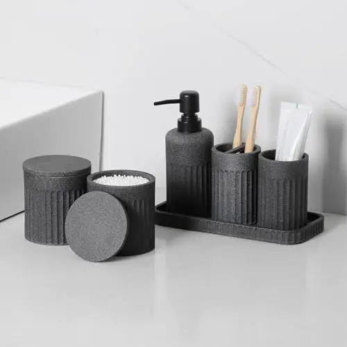 

6-Piece Bathroom Accessories Set - Dark Grey, Soap Dispenser, Toothbrush Holder, Tumbler, Vanity Tray & Qtip Holders