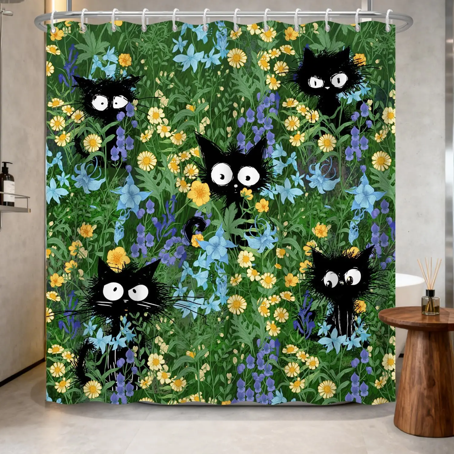 

Cute Black Cat in Wildflower Meadow Shower Curtain, Whimsical Black Cats with Big Eyes in Colorful Garden, Waterproof Fabric