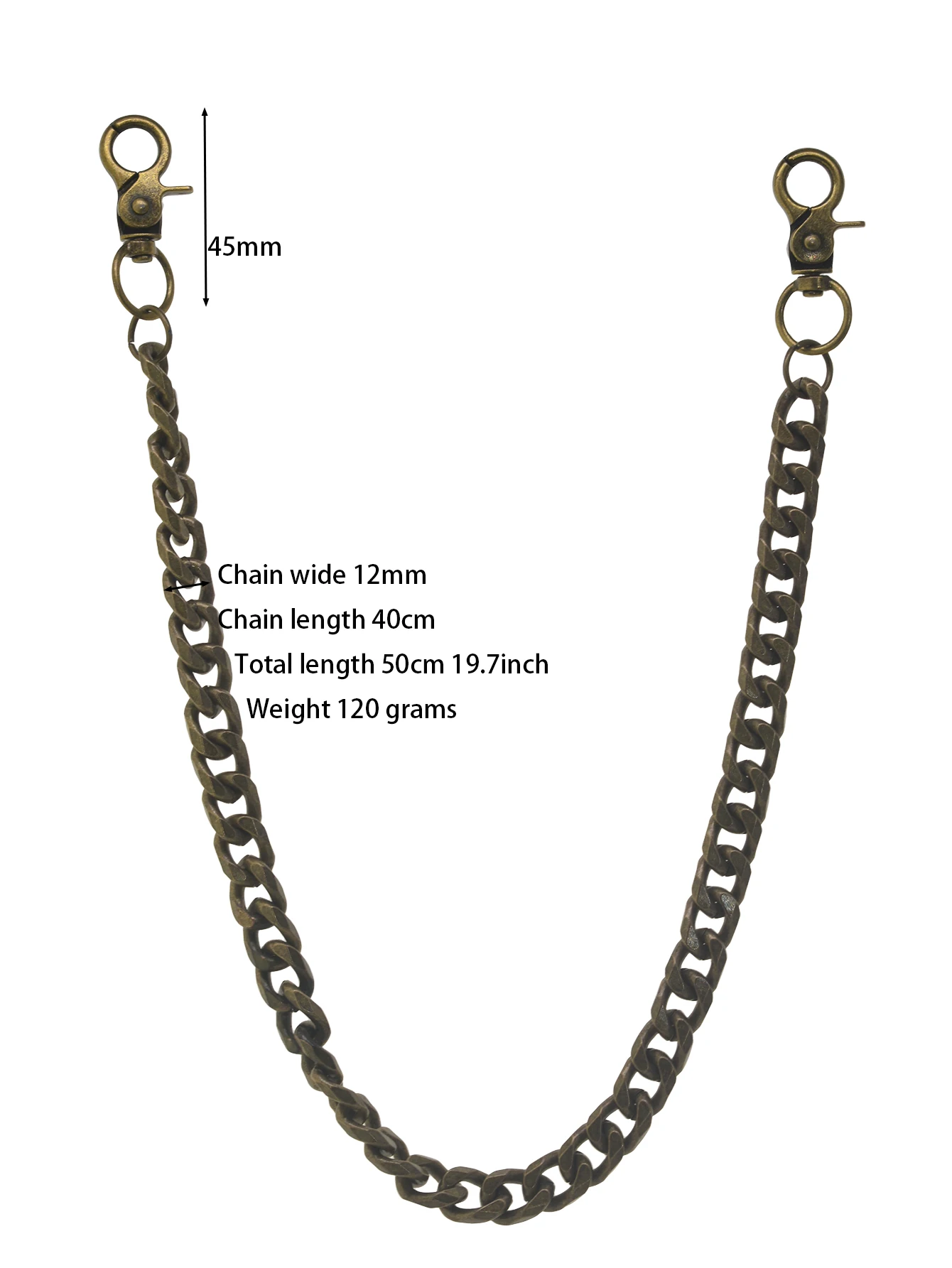 Hip-Hop 20-Zoll Lange Hose Trucker Biker Jeans mit 12mm Diamantschliff Kubanischer Kette, Krabben-Drehverschluss, Schlüsselanhänger, Bronze EDC Geschenk – Detail 1