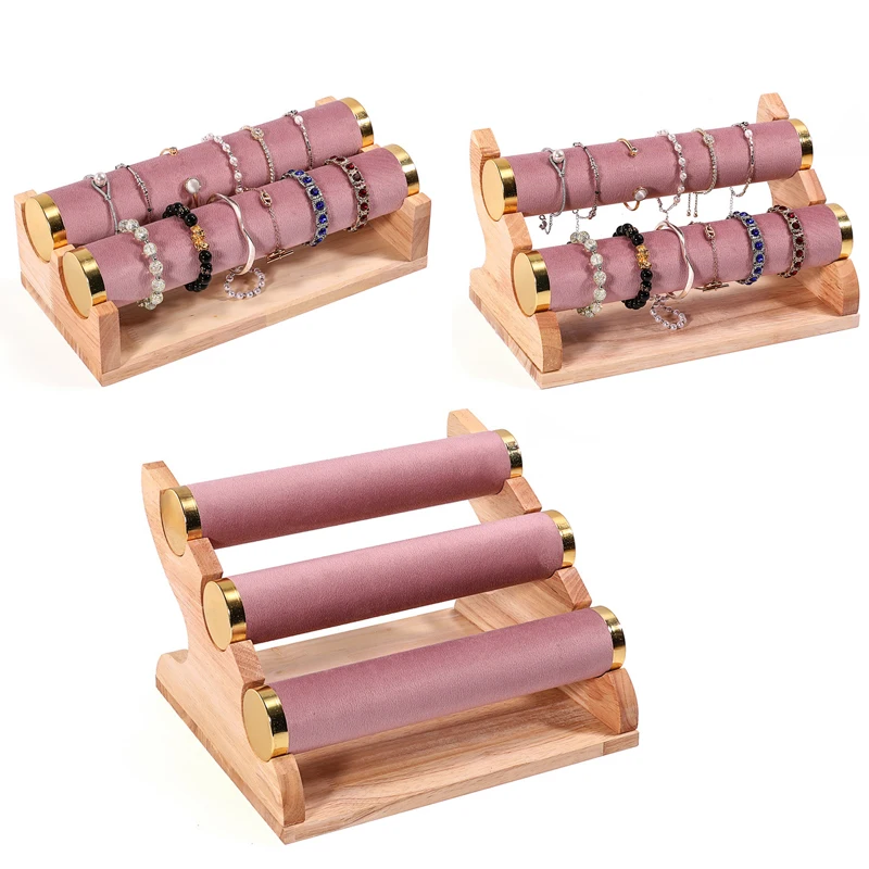 New Solid Wood Pink Velvet Jewelry Display Stand Ring Earrings Bracelet Necklace Watch Pendant Storage Display Stand