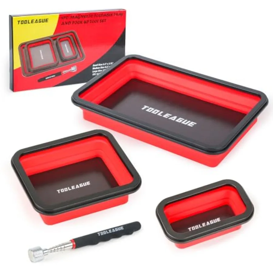 TOOLEAGUE Collapsible Magnetic Parts Tray Set with 15Lb Magnetic Pickup Pen, 3 Different Size Silicone Foldable Tool for Organi