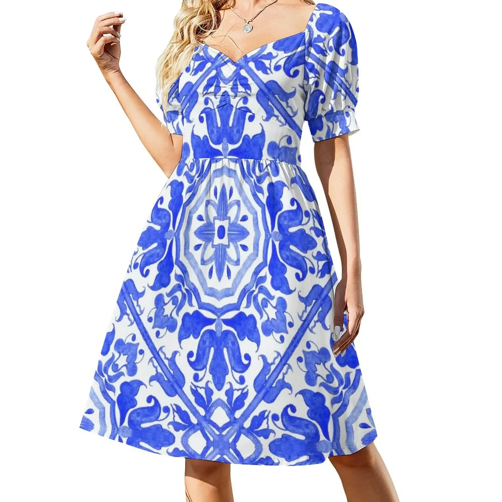 Portuguese azulejo tiles. Short-Sleeved Dress womans clothing Elegant gowns elegant women's sets dress for women summer