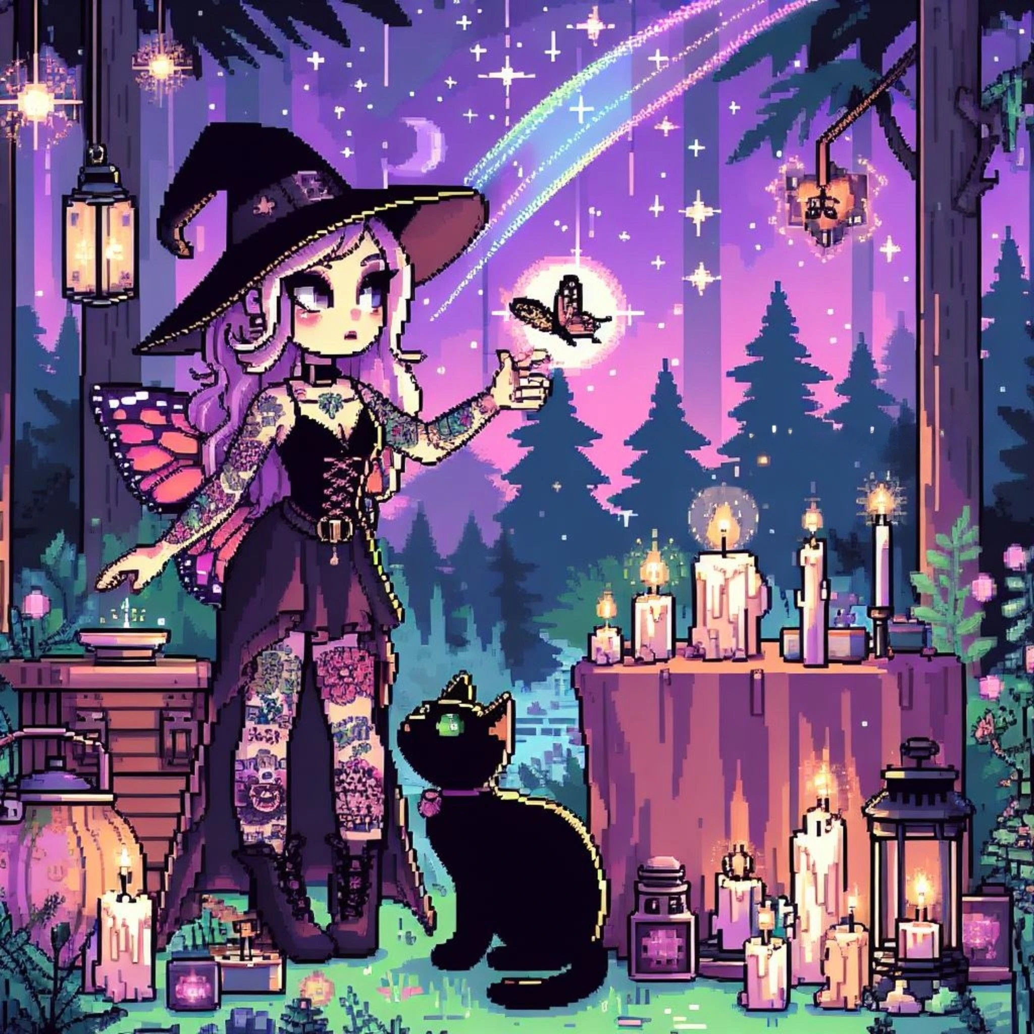 DIY Pixel Winged Witch Black Cat Forest Moon Star Night Diamond Painting Mosaic Handmade Art Exquisite Wall Decoration