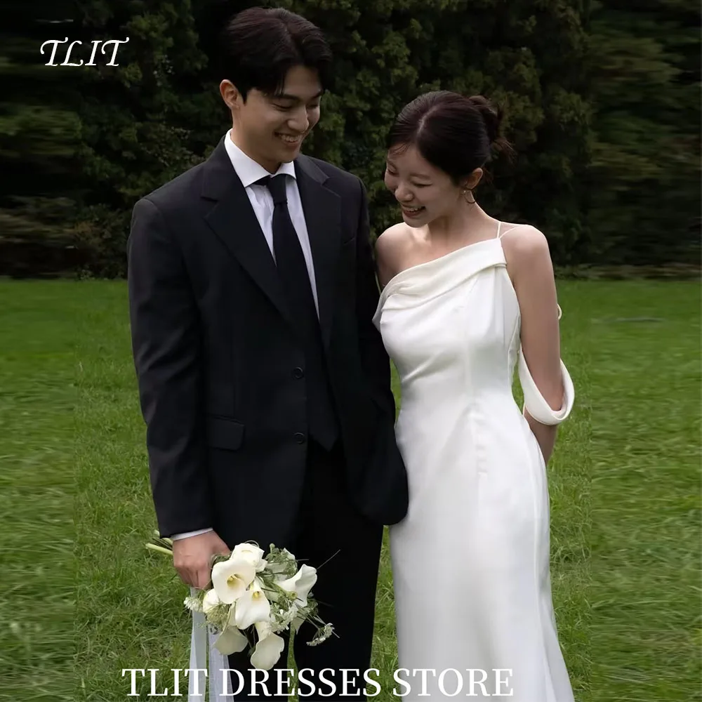 

TLIT Elegant White Mermaid Satin Wedding Dress Spaghetti Strap Boat Collar Bridal Gowns Korea Wedding Photo Shoot Customized