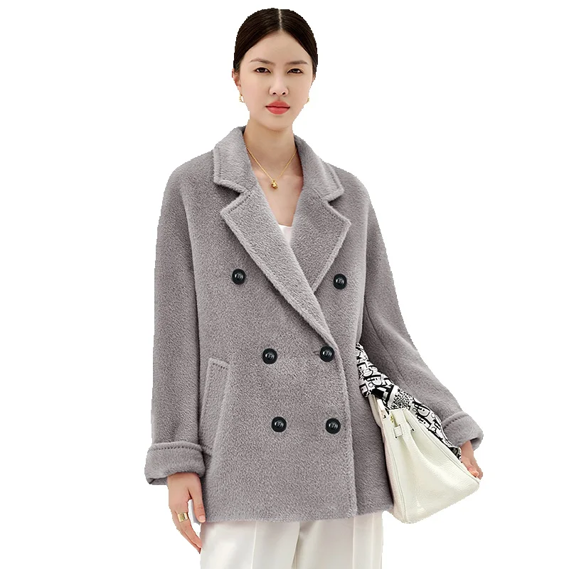 

K8 Suli Sheep Camel Grey Short Women's Woolen Coat Head