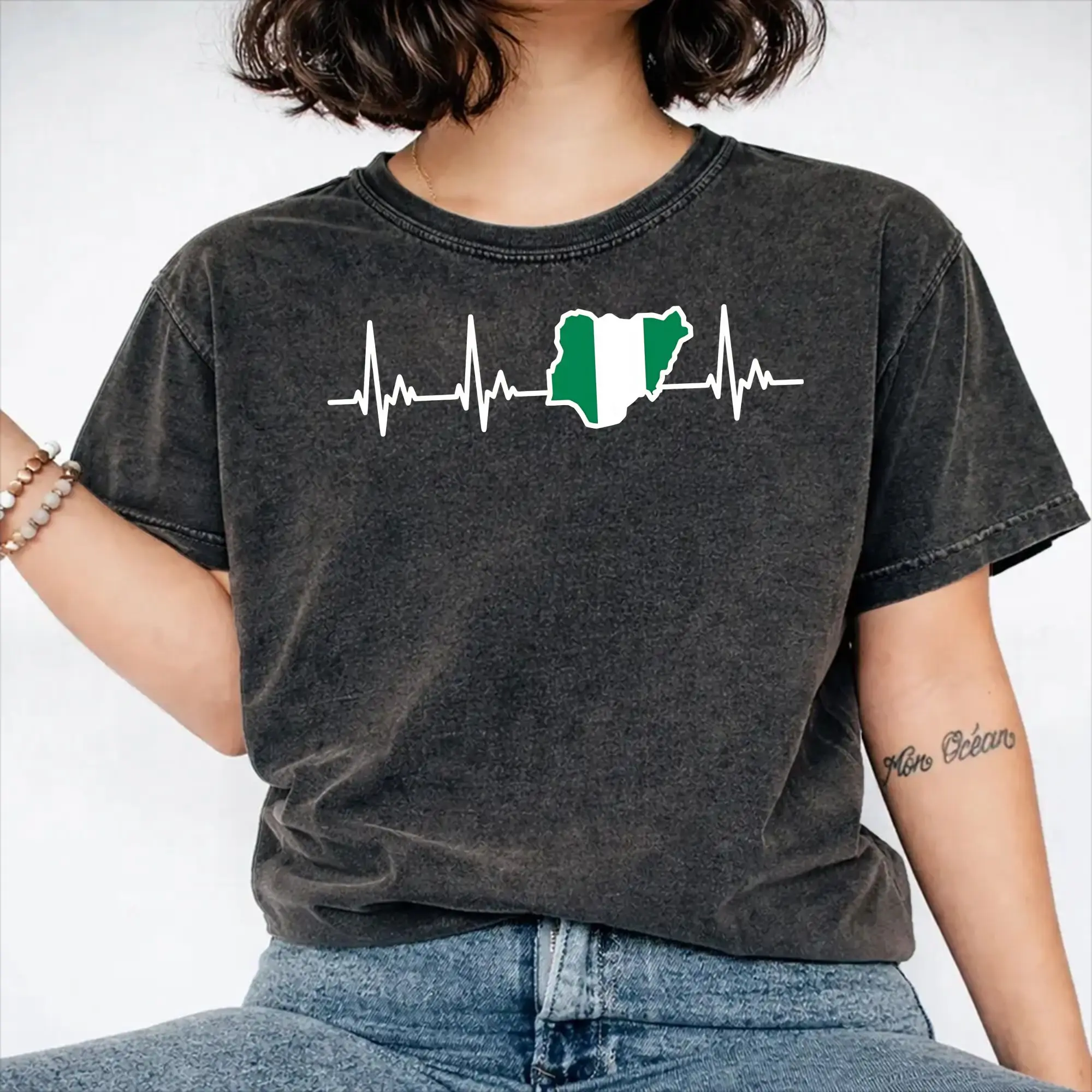 Nigerian Flag My Heart Beats for Nigeria Apparel Washed T Shirts for Men Women Streetwear Hip Hop T-Shirt Summer  Tee Shirt