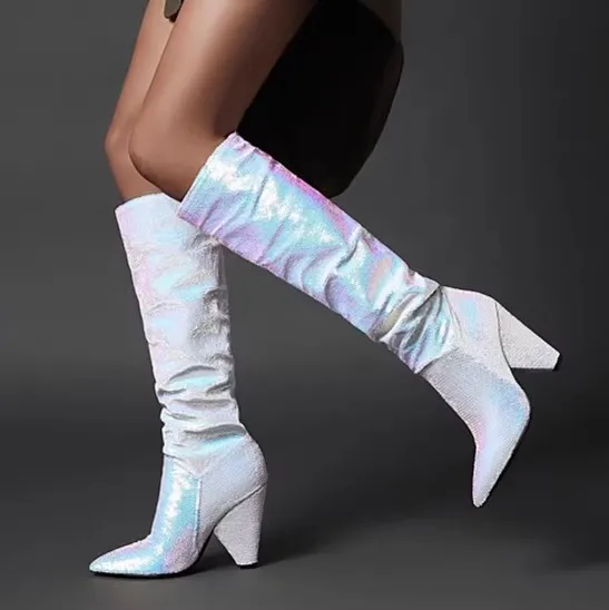 

Sexy Spike high heels Laser blue Bling Bling Knee Boots Pointed toe multi sequins Street knight Boots for Woman