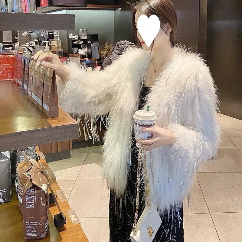 Y2KMink Tassel Raccoon Woven For Women, Rhinestone Coat, Mid To Long-Term, Lightweight, Slim Fitting, Real Fur, Win