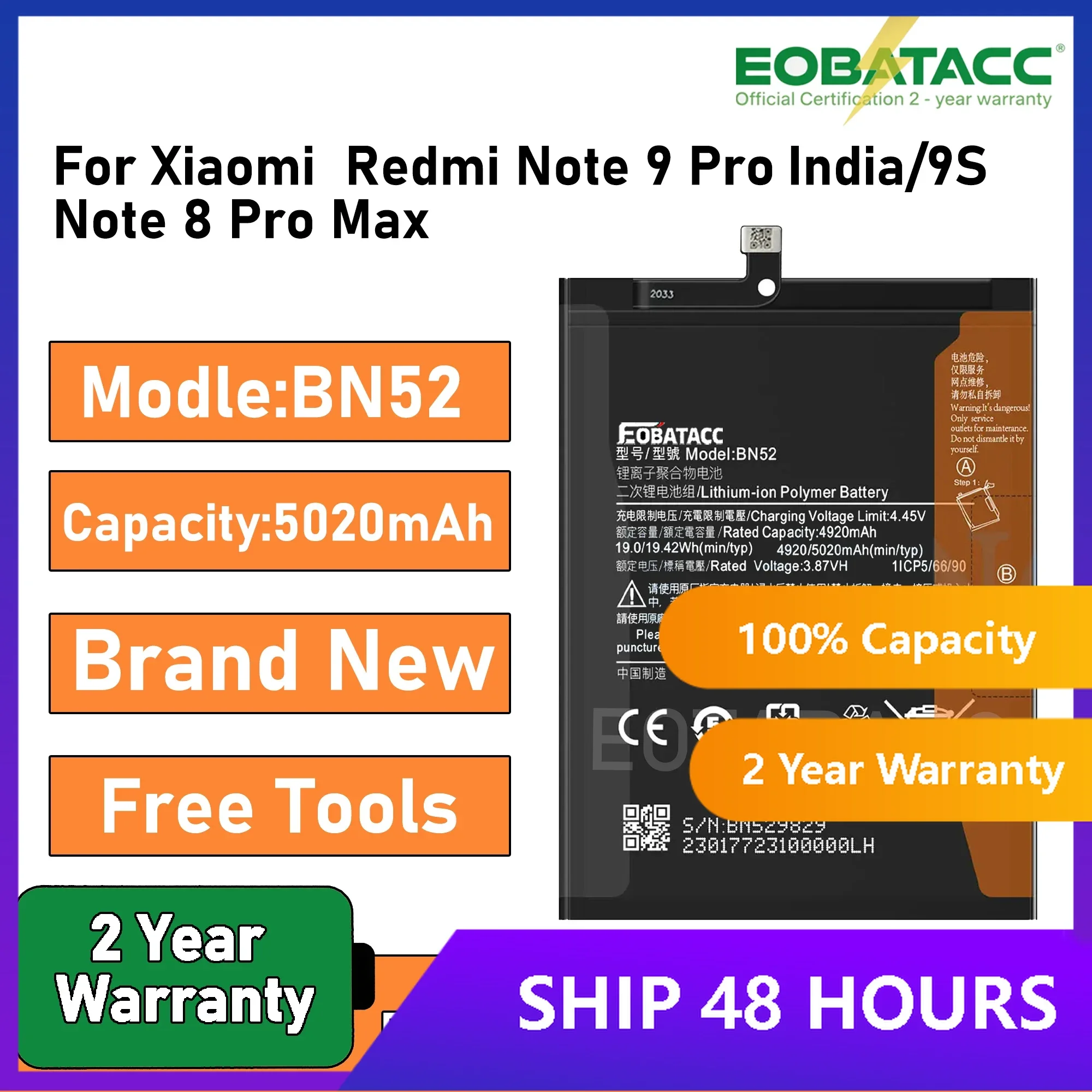 2025 Years EOBATACC 100% New BN52 5020mAh Battery For For Xiaomi Redmi Note 9S Note 9 Pro Phone Replacement Batteries+Free Tools