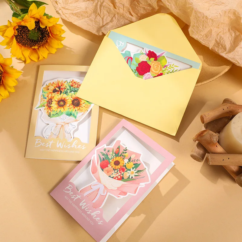 1 Pcs Bouquet Greeting Card Blank Cards Elegant Festival Message Gift Hollow Out for Party Invitation Blessing Paper Decorative