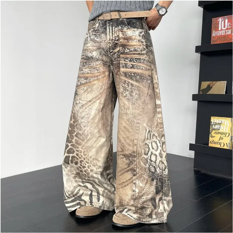 Y2k Leopard Print Baggy Wide Leg Denim Pants for Men American High Street Retro Harajuku Men's Denim Japan Korean Streetwear