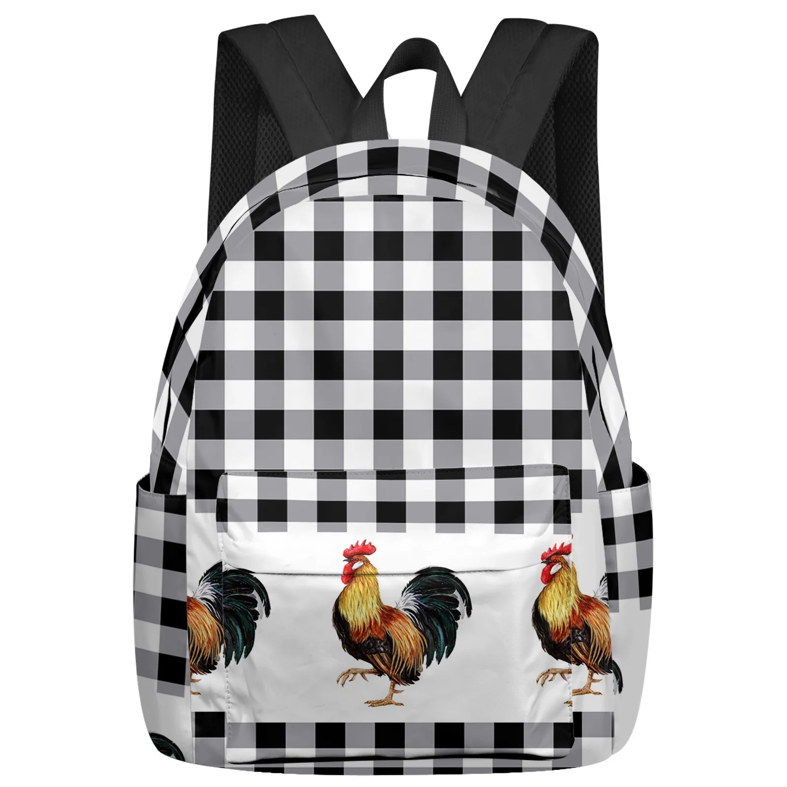 Farm Rooster Black And White Plaid Women Man Backpacks Waterproof School Backpack For Student Boys Girls Laptop Bags Mochilas