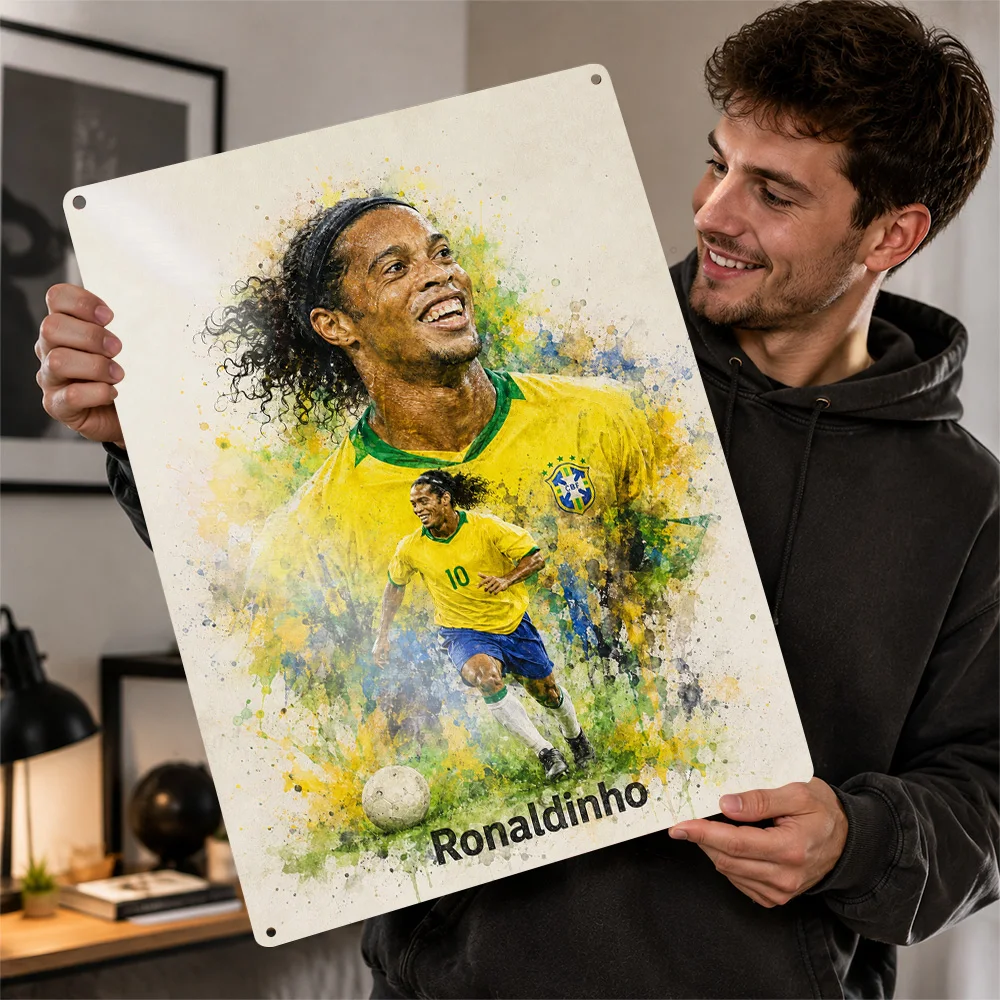 Ronaldinho Football Textured Poster Personalized Aluminum Metal Sign Club Legacy Style Wall Art Ideal For Game Room Or Bedroom