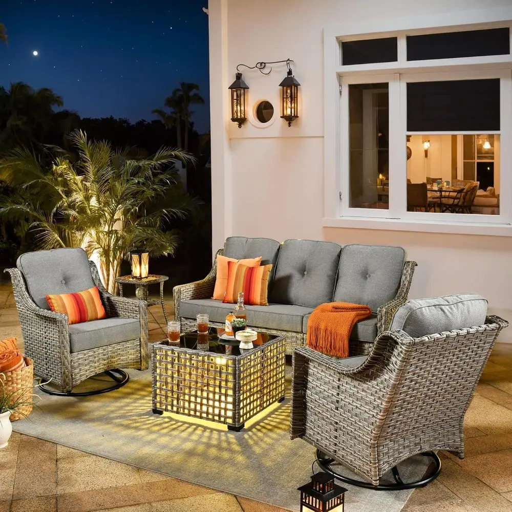 

5-Piece Outdoor Patio Set: Swivel Rocking Chair, High Back Couch, 3-Seater Sofa, Glowing Coffee Table, Grey Rattan Wicker