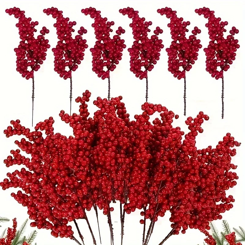 50 Stück künstliche rote Beerenzweige, Premium-Mikrofaser-Fruchtsprays, DIY-Handwerk, Weihnachtsbaum, Hochzeit, Heimdekoration, Neujahr – Detail 3