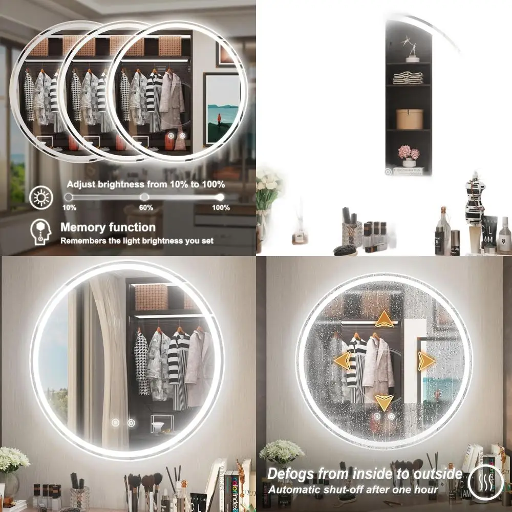 

28-дюймовое круглое LED-зеркало для макияжа с регулируемой подсветкой дневного света, функцией антизапотевания, памятью настроек и сенсорным управлением