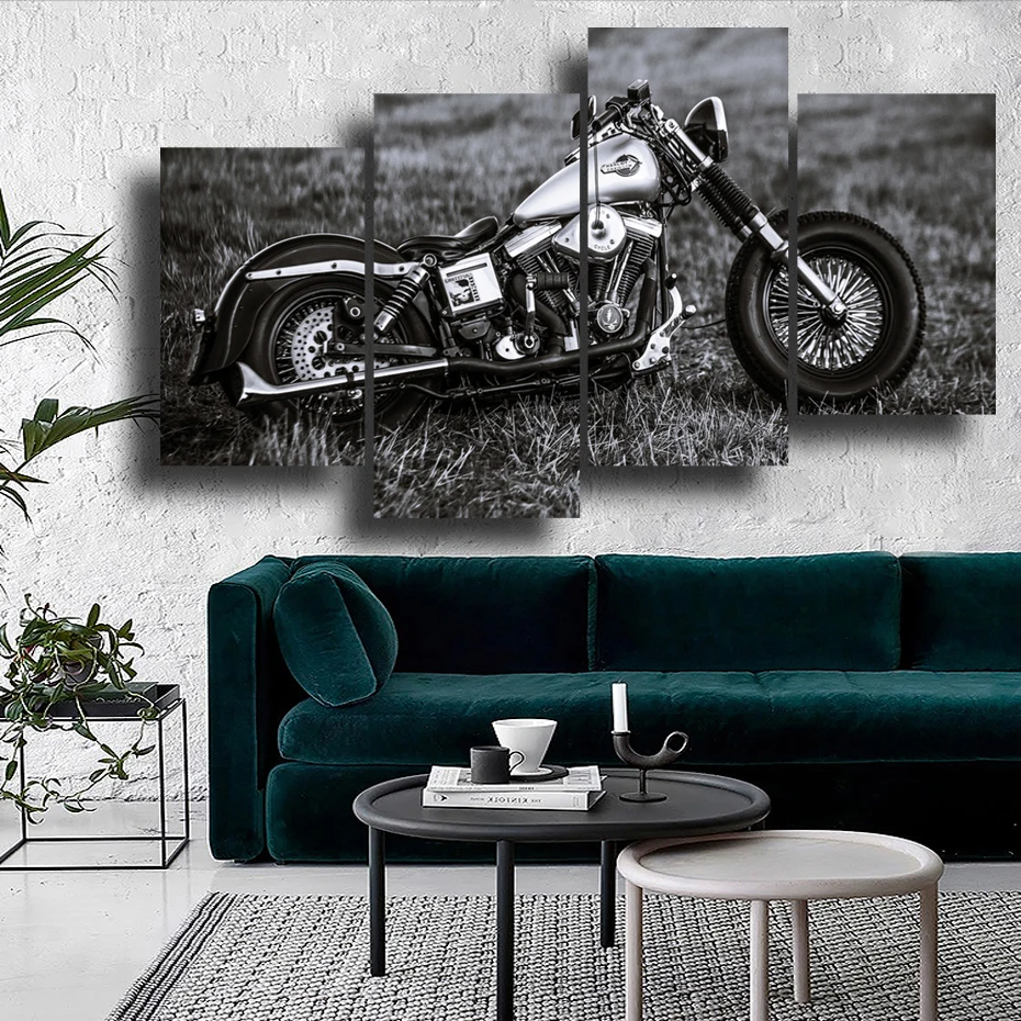 Black And White Cassic Vintage Motorcycle Home Decor 4 Pieces Poster Canvas Print Bar Restaurant Wall Art Poster