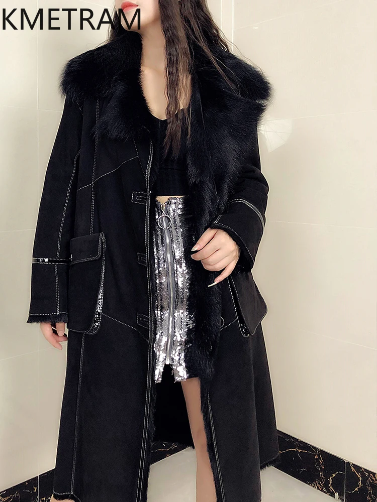 Natural Goatskin Wool Double Faced Fur Jacket Women Luxury Black Long Real Fur Coat Winter Woman Clothing 2025 шуба женская