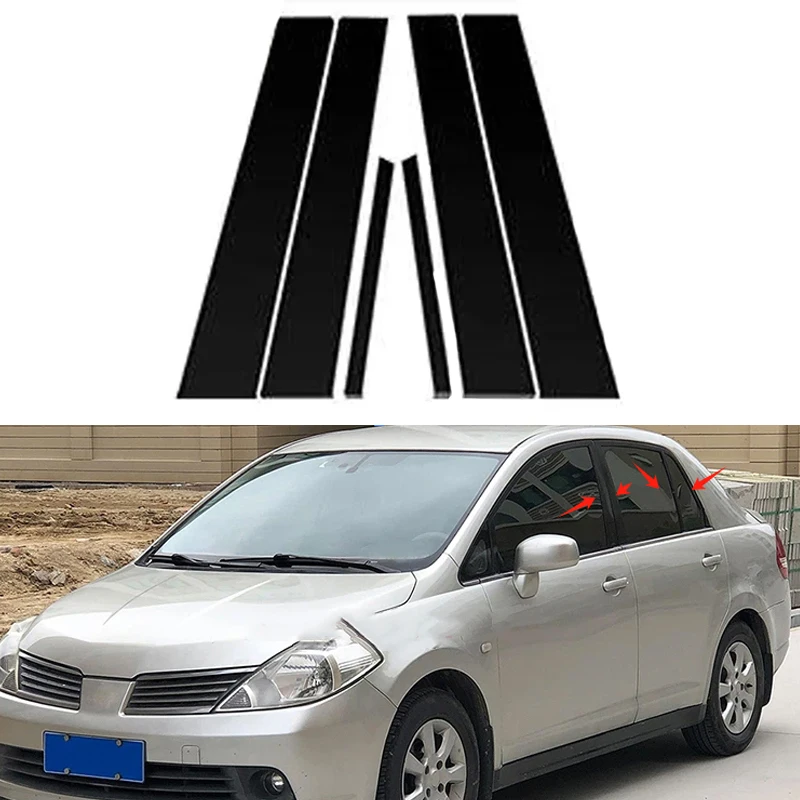 

Для Nissan Versa Tiida 2006-2011 годов выпуска, глянцевые черные накладки на дверные стойки, декоративные накладки на окна, комплект из 6 штук для 4-дверного седана.