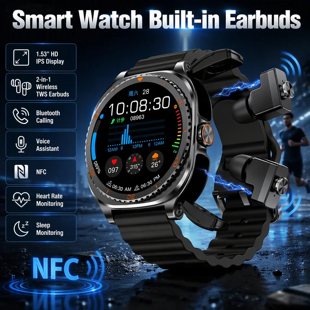 LIGE New Smart Watch Earphones 2in1 Music Playback TWS Wireless Stereo Earbuds BT Call Headset AI Voice Sport Fitness Smartwatch