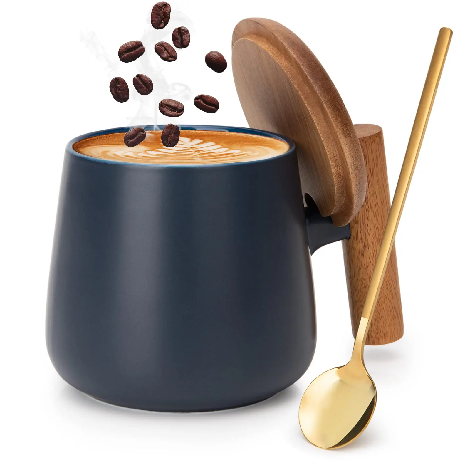 European Ceramic Cup Coffee Cup With Wooden Lid Gold Spoon, Wooden Handle Large Capacity Coffee Cup Office Kitchen