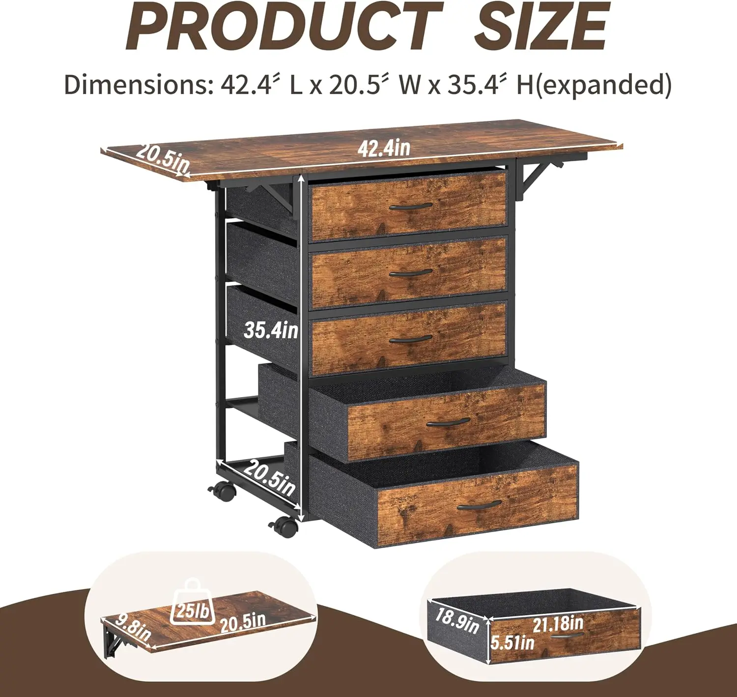 5-Drawer Heat Press Table with Folding Worktop and Locking Wheels
