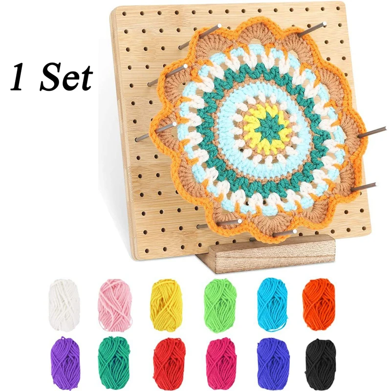 

1 Set 7.68" Wood Crochet Blocking Board Knitting Shaping Perforated Board With Woolen Thread Steel Rod & Board Base Sewing Tools