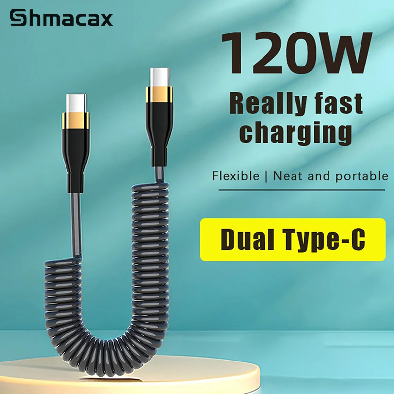 120W USB Type C Fast Charging Cable 6A Spring Telescopic Car Charger Cable High Speed Charging Data Cable Phone Accessories