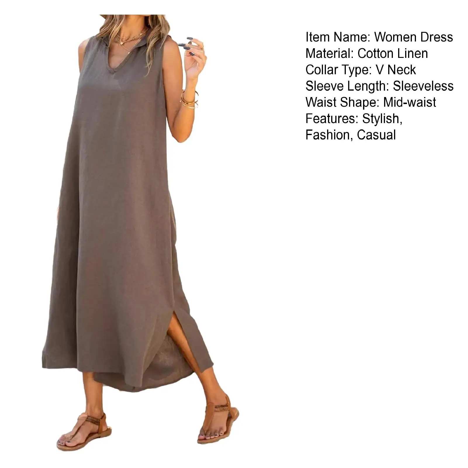 여성용 V넥 단색 탱크 원피스 코튼 린넨 캐주얼 루즈 선드레스, 일반 롱 드레스, 파티 나이트