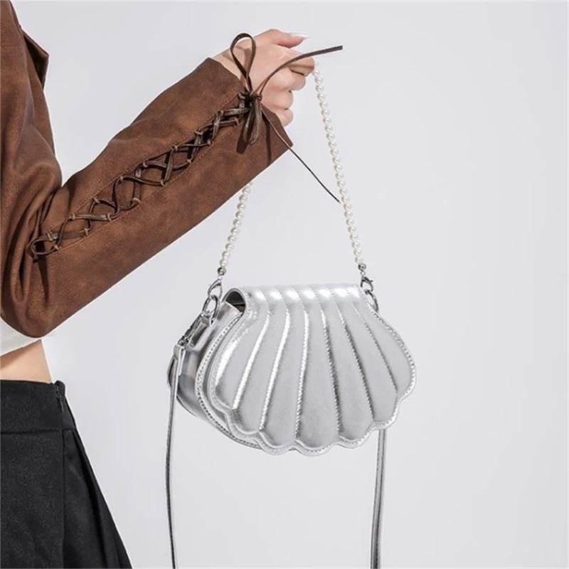 Vrouwen PU Schoudertas Parelketting Handtas Portemonnee Leuke Shell Vorm Crossbody Tas Vrouwelijke Bag voor Prom