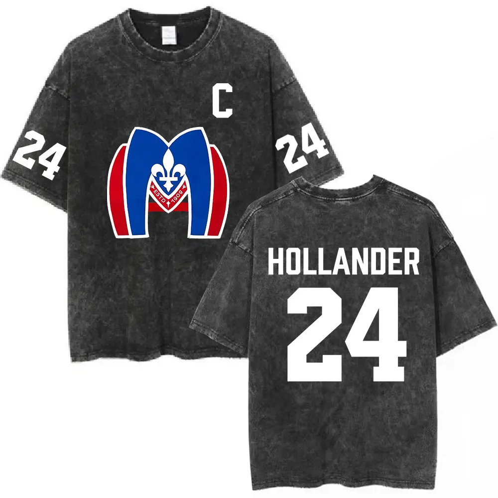 Camiseta lavada de Rivalry calentada Shane Hollander 24 Montreal Metros, ropa para hombre y mujer, camisetas de manga corta de gran tamaño a la moda