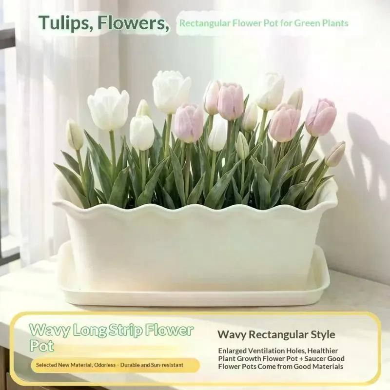 Cream Wavy Edge Rectangular Planter With Saucer Thick Durable UV Resistant Perfect For Balcony Patio Flower Herb Gardening Home