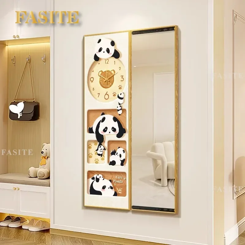 For Cream Style Push Pull Hidden Full Body Mirror Wall Clock Decorative Painting Invisible Cloakroom Full Length Mirror Panda