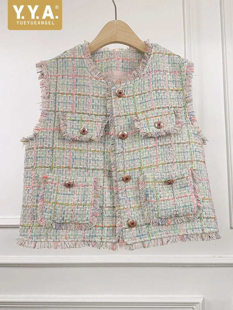 French Female Mixed Color Round Neck Pocket Short Vest Fashion Single-Breasted Sleeveless Tassel Comfortable Grid Outerwear
