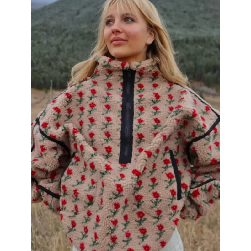 Women's Clothing New Fleece Fashion Coats Flower Print Fleece Sweatshirts Loose Coats Winter Patchwork Pullover Long-sleeved Top