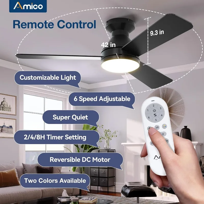 Amico Ceiling Fans with Lights, 42 inch Low Profile Ceiling Fan with Light and Remote Control, Flush Mount, Reversible, 3CCT