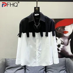 PFHQ Niche Design Color Contrast Patchwork Tassel Ribbon Men's Original Shirt Long Sleeve Elegant Trendy 2023 Spring New Tops