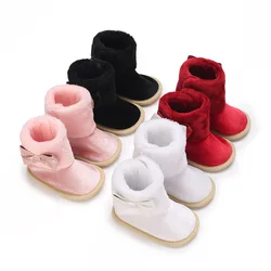 Bottes de neige chaudes en peluche pour nouveau-né, décoration de nœud, patchwork, nouveau-né, bébé, filles, chaussures de marche pour tout-petits, nourrissons, hiver